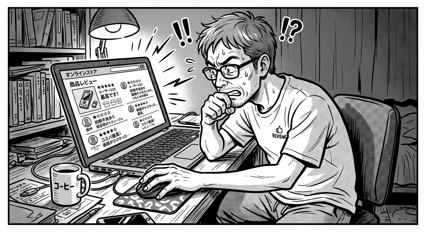 深夜、机のノートパソコンで商品レビューを1件ずつ読み込んでいる40代の男性。手元にはコーヒー、画面には星の数と短評が並んでいる